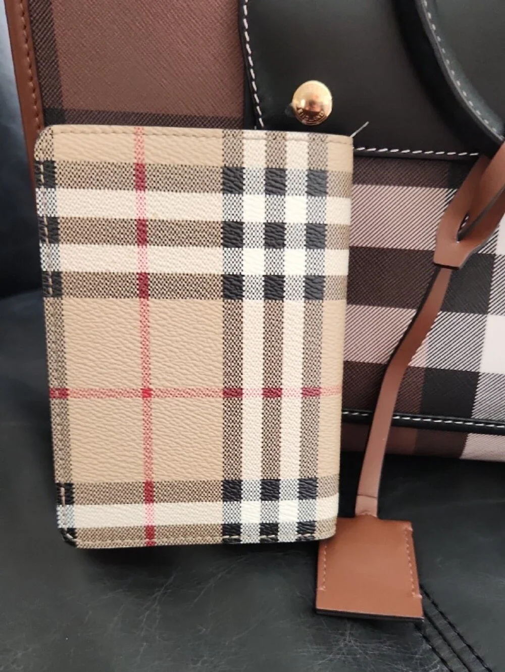 Burberry Brown Plaid Tote with Black Handles and Gold Hardware